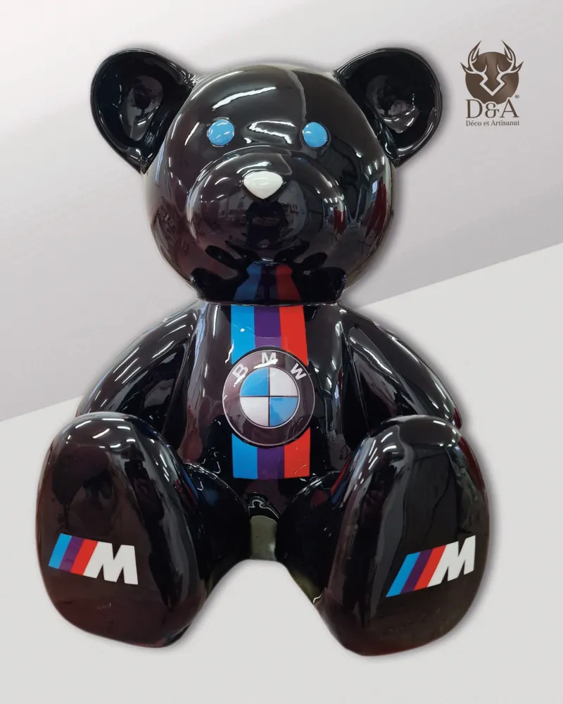 Resin statue of a BMW sitting bear for car enthusiasts